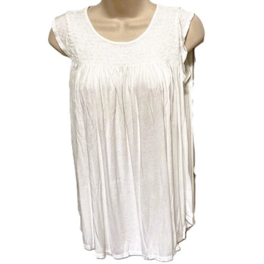 Ann Taylor LOFT Shirred Smocked Flutter Sleeve White Swing Top Womens Medium
